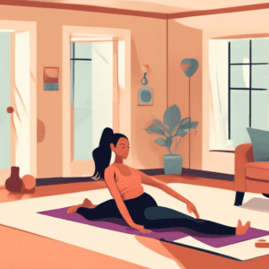 Create an image of a person in a cozy home setting performing exercises designed to prevent injuries. They are doing stretches, bodyweight exercises, and b