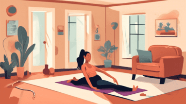 Create an image of a person in a cozy home setting performing exercises designed to prevent injuries. They are doing stretches, bodyweight exercises, and b