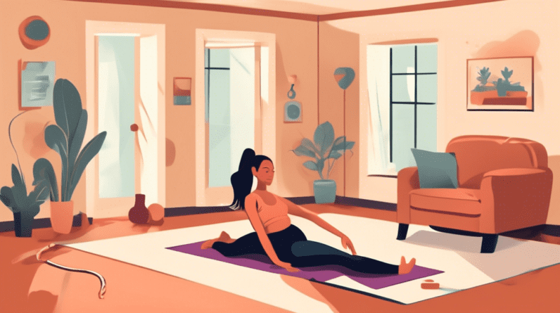 Create an image of a person in a cozy home setting performing exercises designed to prevent injuries. They are doing stretches, bodyweight exercises, and b