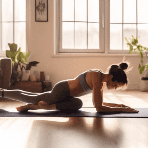 A fit person performing various bodyweight exercises like planks, crunches, and leg raises in a minimalistic, cozy living room. The room has a yoga mat on