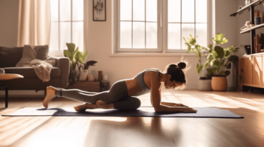 A fit person performing various bodyweight exercises like planks, crunches, and leg raises in a minimalistic, cozy living room. The room has a yoga mat on