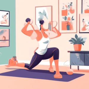 A fit person performing various arm exercises without any equipment in a bright and clean home gym. They are doing push-ups, tricep dips on a chair, and ar