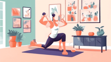 A fit person performing various arm exercises without any equipment in a bright and clean home gym. They are doing push-ups, tricep dips on a chair, and ar