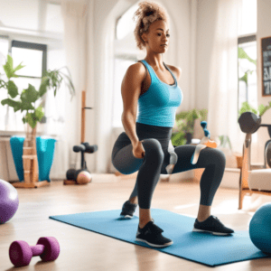 A bright and inviting home gym setup in a living room with various exercise equipment such as dumbbells, resistance bands, a yoga mat, and stability ball.