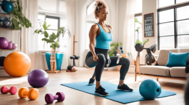 A bright and inviting home gym setup in a living room with various exercise equipment such as dumbbells, resistance bands, a yoga mat, and stability ball.