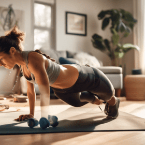 A person exercising in a cozy home environment, performing oblique-targeting exercises such as side planks, bicycle crunches, and Russian twists. The backg