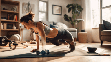 A person exercising in a cozy home environment, performing oblique-targeting exercises such as side planks, bicycle crunches, and Russian twists. The backg