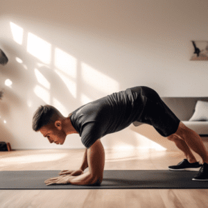 Create an image of a person performing a bodyweight workout in a small, tidy living room. The room has minimal furniture to save space, with a sofa against