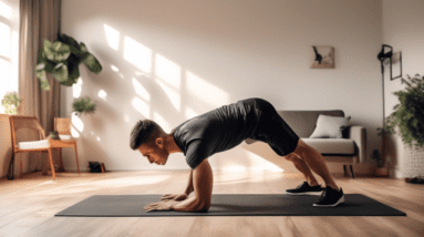 Create an image of a person performing a bodyweight workout in a small, tidy living room. The room has minimal furniture to save space, with a sofa against