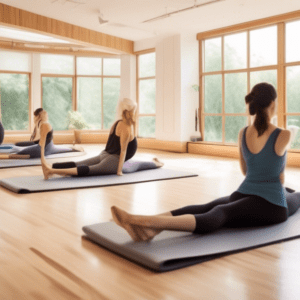 A serene Pilates studio with a large window letting in natural light, showcasing a clear view of a peaceful garden. In the foreground, a fitness instructor