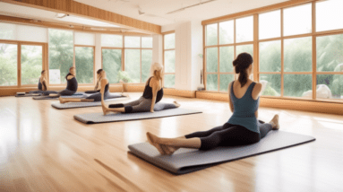 A serene Pilates studio with a large window letting in natural light, showcasing a clear view of a peaceful garden. In the foreground, a fitness instructor