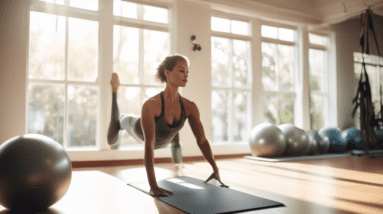 A serene fitness studio setting with soft natural light filtering through large windows. A person in form-fitting athletic wear is performing a Pilates rou