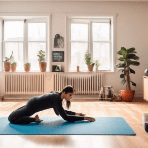 A cozy living room transformed into a mini-gym, with a person in athletic wear performing various bodyweight exercises like push-ups, squats, and planks. T