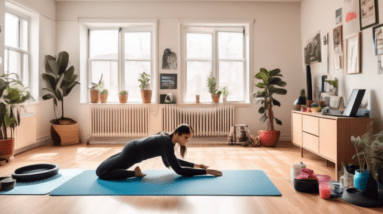 A cozy living room transformed into a mini-gym, with a person in athletic wear performing various bodyweight exercises like push-ups, squats, and planks. T