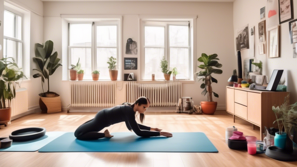 A cozy living room transformed into a mini-gym, with a person in athletic wear performing various bodyweight exercises like push-ups, squats, and planks. T