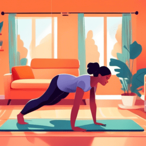 A person performing a bodyweight circuit workout in a small, cozy living room. The scene includes various exercises such as push-ups, squats, and lunges, w