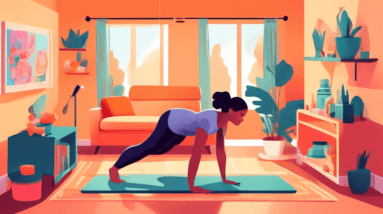 A person performing a bodyweight circuit workout in a small, cozy living room. The scene includes various exercises such as push-ups, squats, and lunges, w