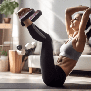 A highly motivated individual performing home workouts, focusing on abdominal exercises like planks, sit-ups, and leg raises, in a well-organized living ro