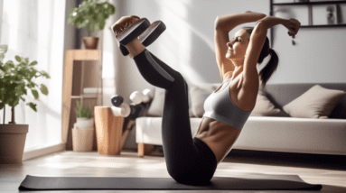 A highly motivated individual performing home workouts, focusing on abdominal exercises like planks, sit-ups, and leg raises, in a well-organized living ro