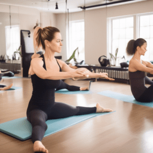 A serene fitness studio with soft, natural lighting, showcasing a diverse group of individuals engaged in a variety of Pilates exercises specifically targe