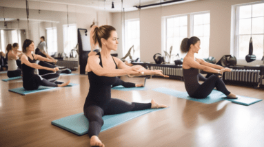 A serene fitness studio with soft, natural lighting, showcasing a diverse group of individuals engaged in a variety of Pilates exercises specifically targe