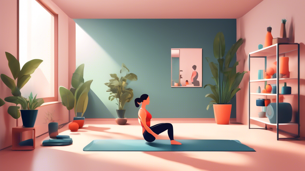 A minimalist home gym setup in a small apartment, featuring a person performing bodyweight exercises such as push-ups, squats, and planks. The room has sim