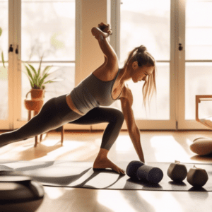 Create an image of a person exercising in a living room, performing various leg workouts such as squats, lunges, and leg lifts. Include a yoga mat, resista