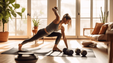 Create an image of a person exercising in a living room, performing various leg workouts such as squats, lunges, and leg lifts. Include a yoga mat, resista