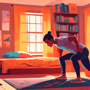 A college student performing bodyweight exercises in a cozy, small dorm room. The room has a bed, a desk with a laptop, bookshelves, and posters on the wal