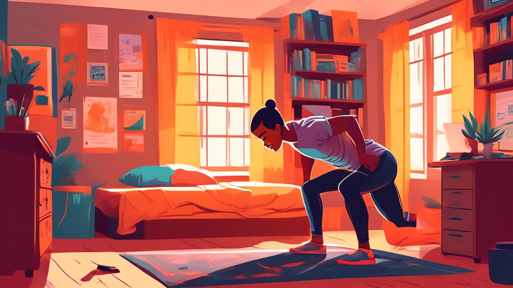 A college student performing bodyweight exercises in a cozy, small dorm room. The room has a bed, a desk with a laptop, bookshelves, and posters on the wal