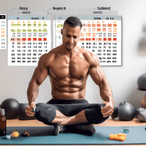 A fit individual demonstrating effective at-home ab exercises, surrounded by everyday household items, with a visible transformation calendar chart showing