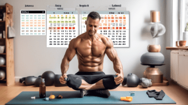 A fit individual demonstrating effective at-home ab exercises, surrounded by everyday household items, with a visible transformation calendar chart showing