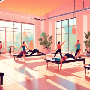 A brightly lit, modern Pilates studio with people engaging in various Pilates exercises focused on abs and core strengthening. The backdrop includes large