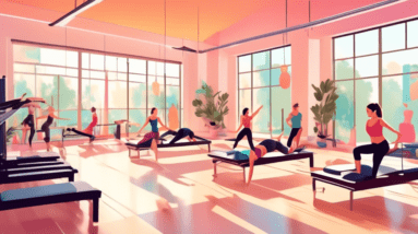 A brightly lit, modern Pilates studio with people engaging in various Pilates exercises focused on abs and core strengthening. The backdrop includes large