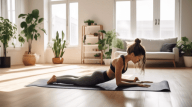 A cozy apartment living room with a person performing various bodyweight exercises like push-ups, squats, and lunges. The apartment is well-lit with natura