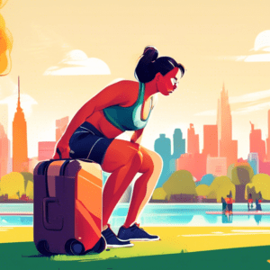 A fit traveler in a sunny park doing bodyweight squats with a suitcase nearby, with city landmarks in the background.