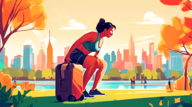 A fit traveler in a sunny park doing bodyweight squats with a suitcase nearby, with city landmarks in the background.