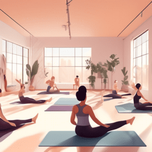 A modern Pilates studio with a serene, minimalist design. A diverse group of people in athletic wear are engaging in a variety of core-strengthening exerci