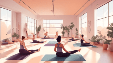 A modern Pilates studio with a serene, minimalist design. A diverse group of people in athletic wear are engaging in a variety of core-strengthening exerci