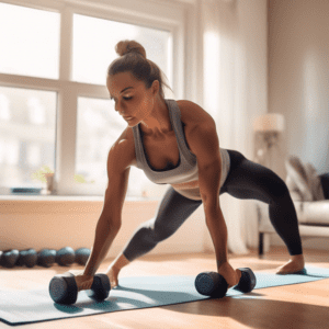 A fit person working out in a cozy living room with a yoga mat, dumbbells, and resistance bands. The individual is performing various exercises like bicep