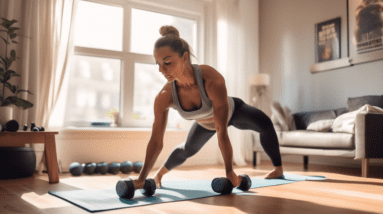 A fit person working out in a cozy living room with a yoga mat, dumbbells, and resistance bands. The individual is performing various exercises like bicep