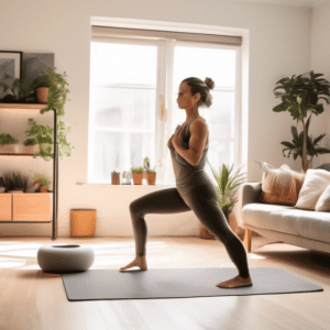 A cozy, modern living room with a person performing bodyweight exercises like squats, lunges, and push-ups. The space is small but well-organized, with a y