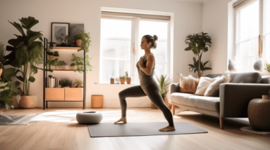 A cozy, modern living room with a person performing bodyweight exercises like squats, lunges, and push-ups. The space is small but well-organized, with a y