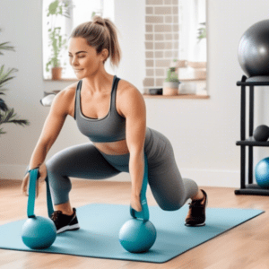 A bright and inviting home gym setting featuring a person performing various leg exercises. The person is using resistance bands, doing squats, lunges, and