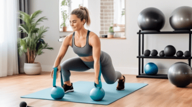 A bright and inviting home gym setting featuring a person performing various leg exercises. The person is using resistance bands, doing squats, lunges, and