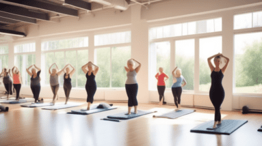 A brightly lit fitness studio with large windows revealing a serene outdoor setting. The room is filled with students of various ages and body types, each