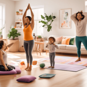 A vibrant scene showing busy parents in a cozy living room, engaging in quick workout routines. One parent is doing jumping jacks while watching their todd