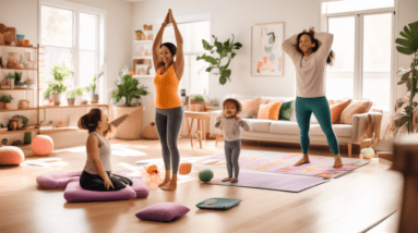 A vibrant scene showing busy parents in a cozy living room, engaging in quick workout routines. One parent is doing jumping jacks while watching their todd