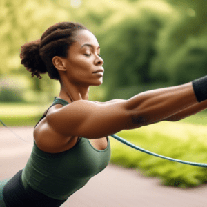 A person performing bicep curls with resistance bands in a serene outdoor park, utilizing their own body weight for dips on parallel bars, and doing push-u