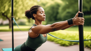 A person performing bicep curls with resistance bands in a serene outdoor park, utilizing their own body weight for dips on parallel bars, and doing push-u